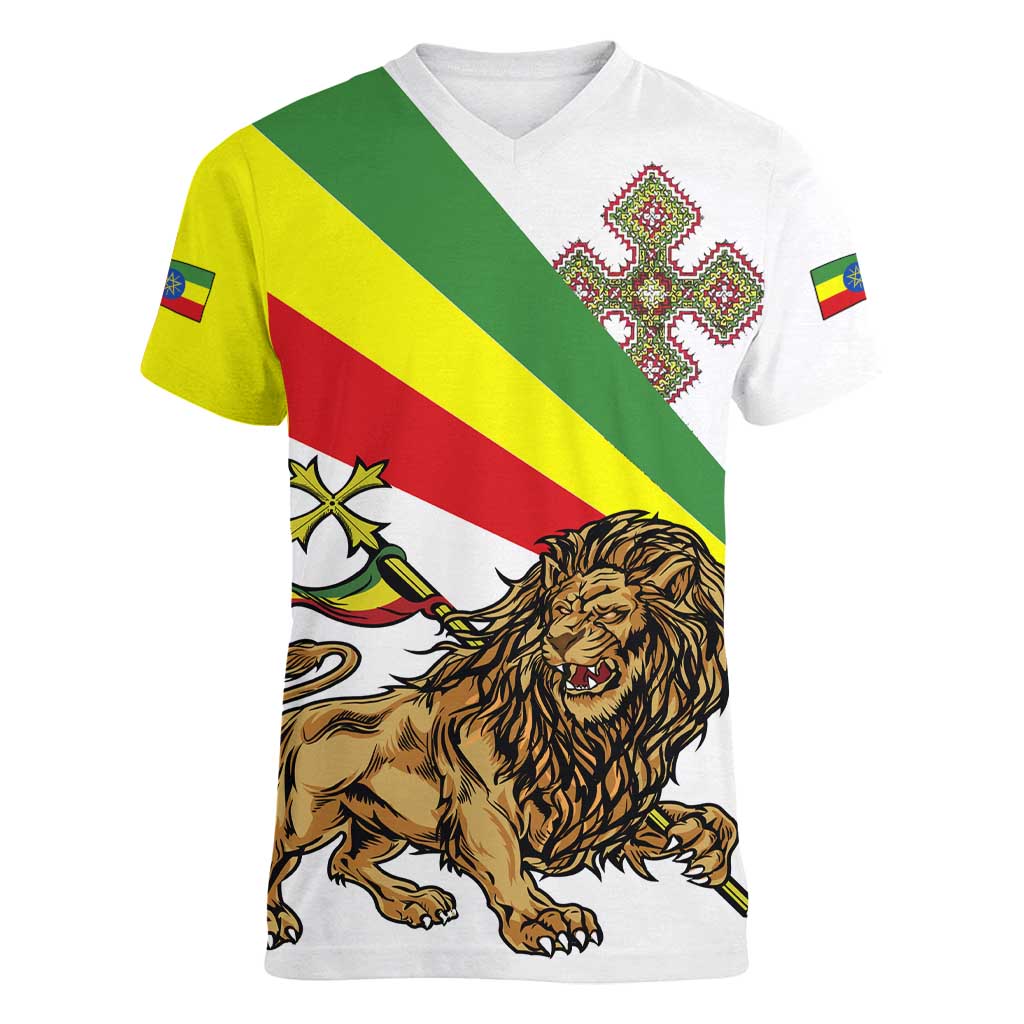 Ethiopia Women V-Neck T-Shirt Lion Of Judah Emblem With Cross - Wonder Print Shop