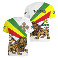 Ethiopia Women V-Neck T-Shirt Lion Of Judah Emblem With Cross - Wonder Print Shop