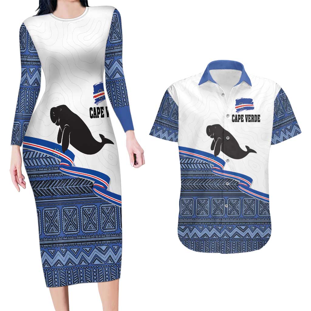 Cape Verde Manatee Couples Matching Long Sleeve Bodycon Dress and Hawaiian Shirt Pattern With Flag Color - Wonder Print Shop