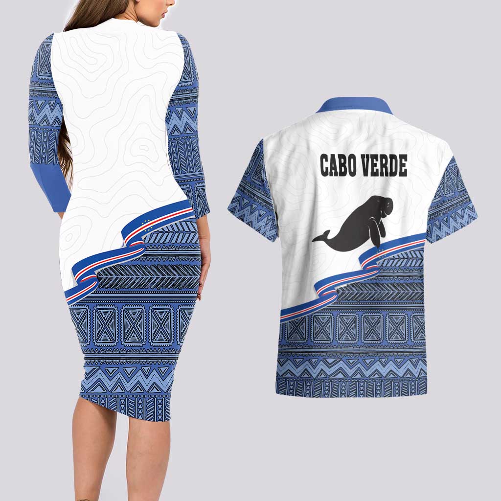 Cape Verde Manatee Couples Matching Long Sleeve Bodycon Dress and Hawaiian Shirt Pattern With Flag Color - Wonder Print Shop