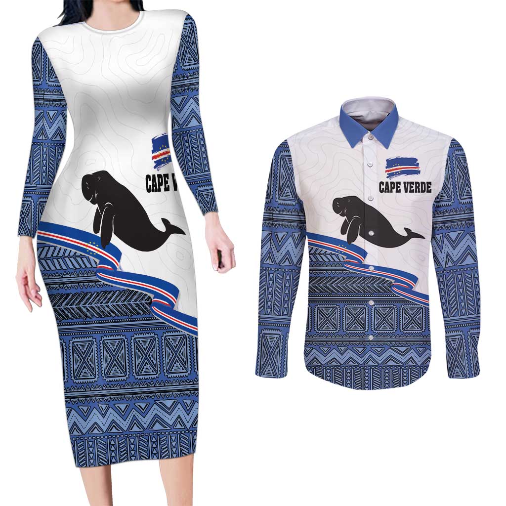 Cape Verde Manatee Couples Matching Long Sleeve Bodycon Dress and Long Sleeve Button Shirt Pattern With Flag Color - Wonder Print Shop
