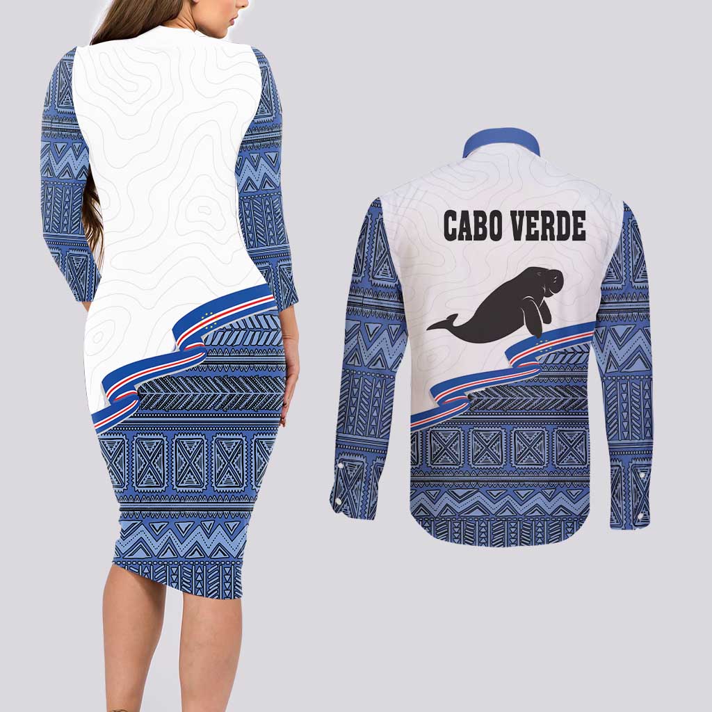 Cape Verde Manatee Couples Matching Long Sleeve Bodycon Dress and Long Sleeve Button Shirt Pattern With Flag Color - Wonder Print Shop