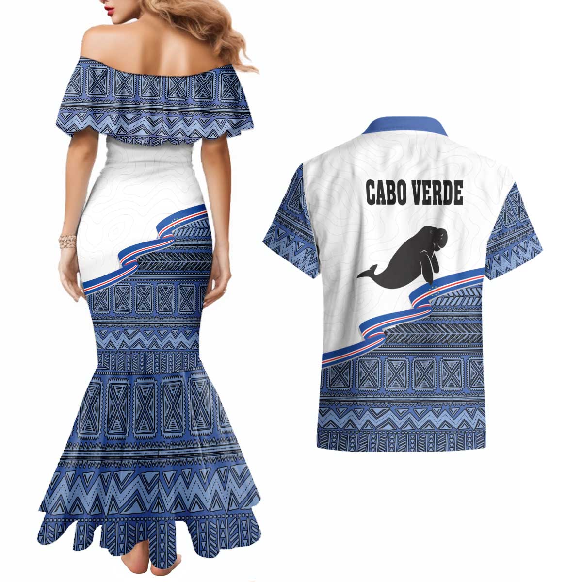 Cape Verde Manatee Couples Matching Mermaid Dress and Hawaiian Shirt Pattern With Flag Color - Wonder Print Shop