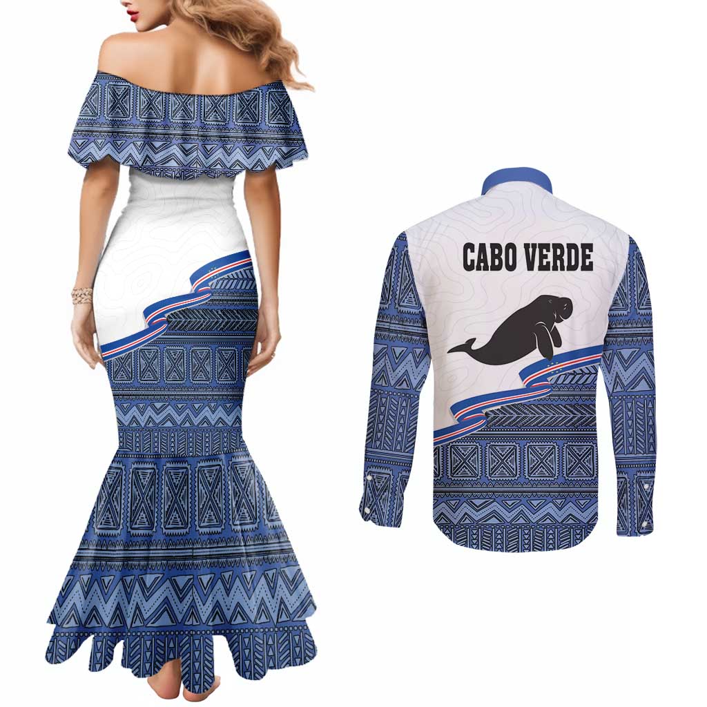 Cape Verde Manatee Couples Matching Mermaid Dress and Long Sleeve Button Shirt Pattern With Flag Color