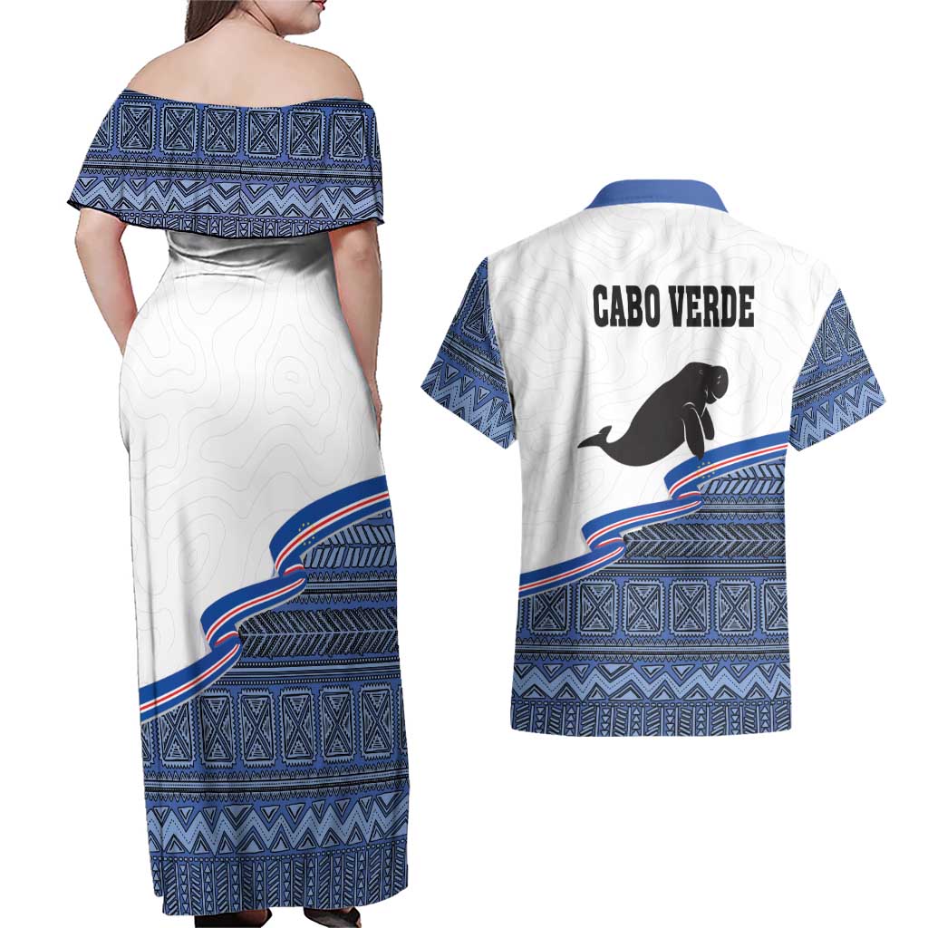 Cape Verde Manatee Couples Matching Off Shoulder Maxi Dress and Hawaiian Shirt Pattern With Flag Color - Wonder Print Shop