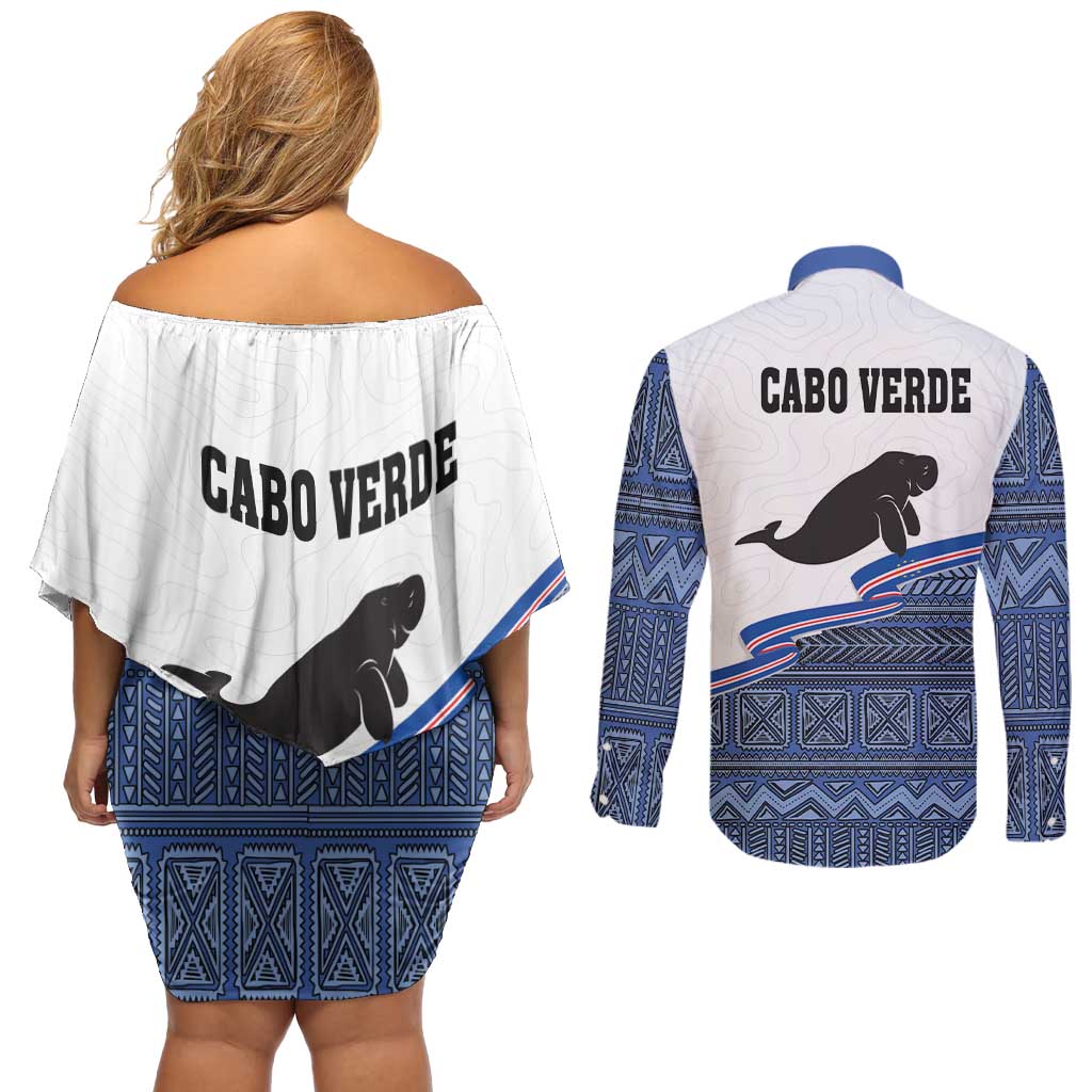 Cape Verde Manatee Couples Matching Off Shoulder Short Dress and Long Sleeve Button Shirt Pattern With Flag Color - Wonder Print Shop