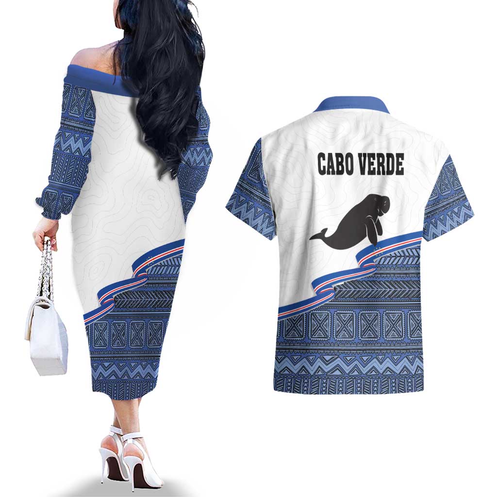 Cape Verde Manatee Couples Matching Off The Shoulder Long Sleeve Dress and Hawaiian Shirt Pattern With Flag Color - Wonder Print Shop