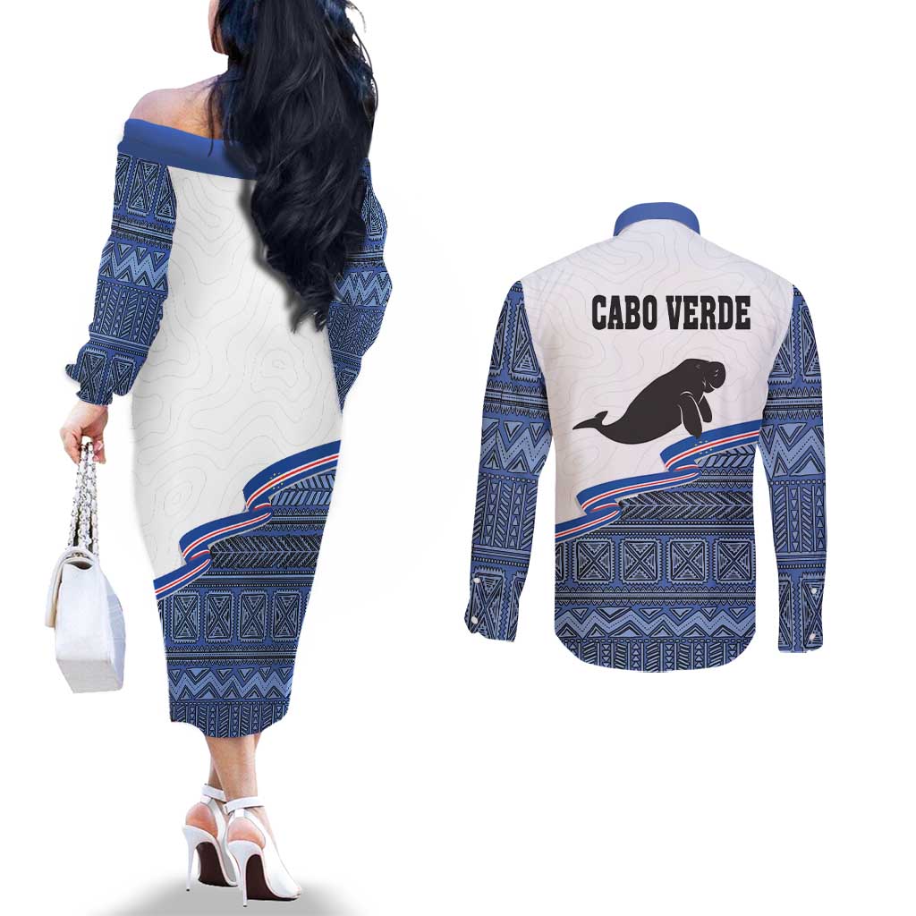 Cape Verde Manatee Couples Matching Off The Shoulder Long Sleeve Dress and Long Sleeve Button Shirt Pattern With Flag Color