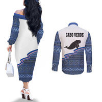 Cape Verde Manatee Couples Matching Off The Shoulder Long Sleeve Dress and Long Sleeve Button Shirt Pattern With Flag Color