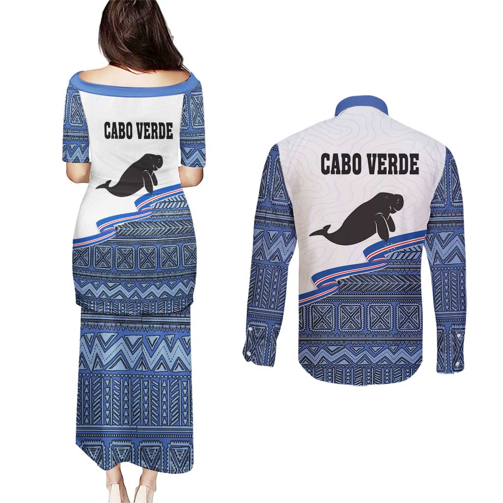 Cape Verde Manatee Couples Matching Puletasi and Long Sleeve Button Shirt Pattern With Flag Color - Wonder Print Shop
