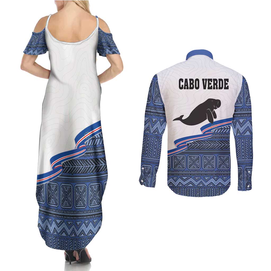 Cape Verde Manatee Couples Matching Summer Maxi Dress and Long Sleeve Button Shirt Pattern With Flag Color - Wonder Print Shop
