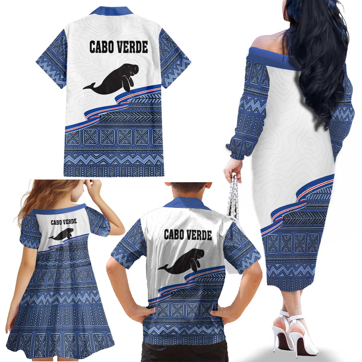 Cape Verde Manatee Family Matching Off The Shoulder Long Sleeve Dress and Hawaiian Shirt Pattern With Flag Color - Wonder Print Shop