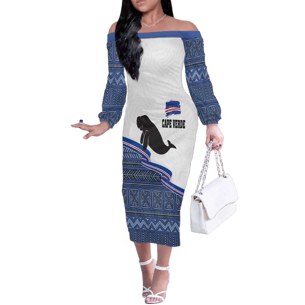 Cape Verde Manatee Family Matching Off The Shoulder Long Sleeve Dress and Hawaiian Shirt Pattern With Flag Color - Wonder Print Shop