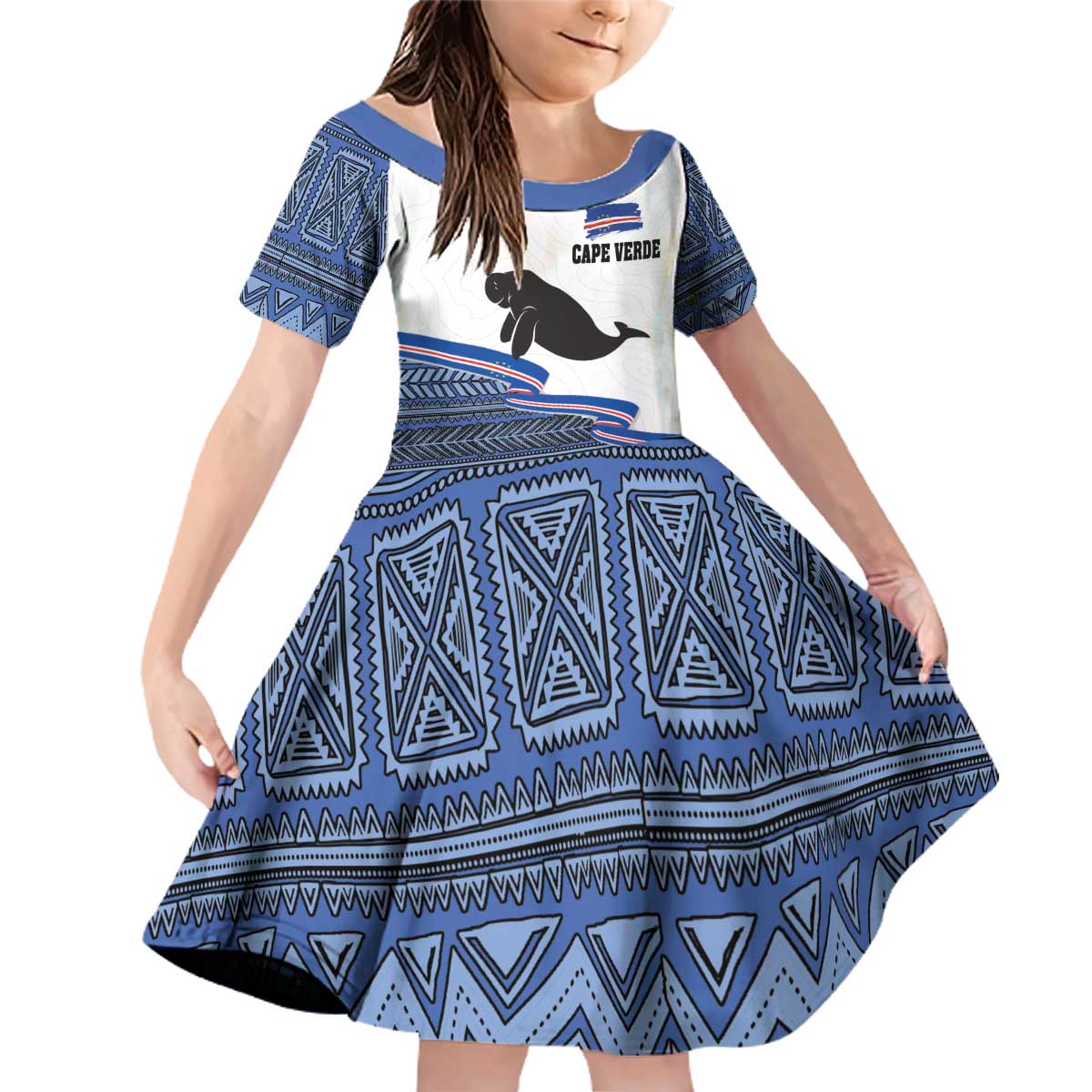 Cape Verde Manatee Family Matching Off Shoulder Short Dress and Hawaiian Shirt Pattern With Flag Color - Wonder Print Shop