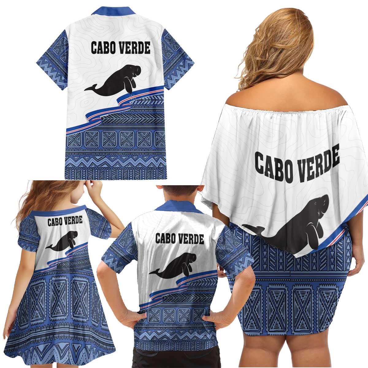 Cape Verde Manatee Family Matching Off Shoulder Short Dress and Hawaiian Shirt Pattern With Flag Color - Wonder Print Shop