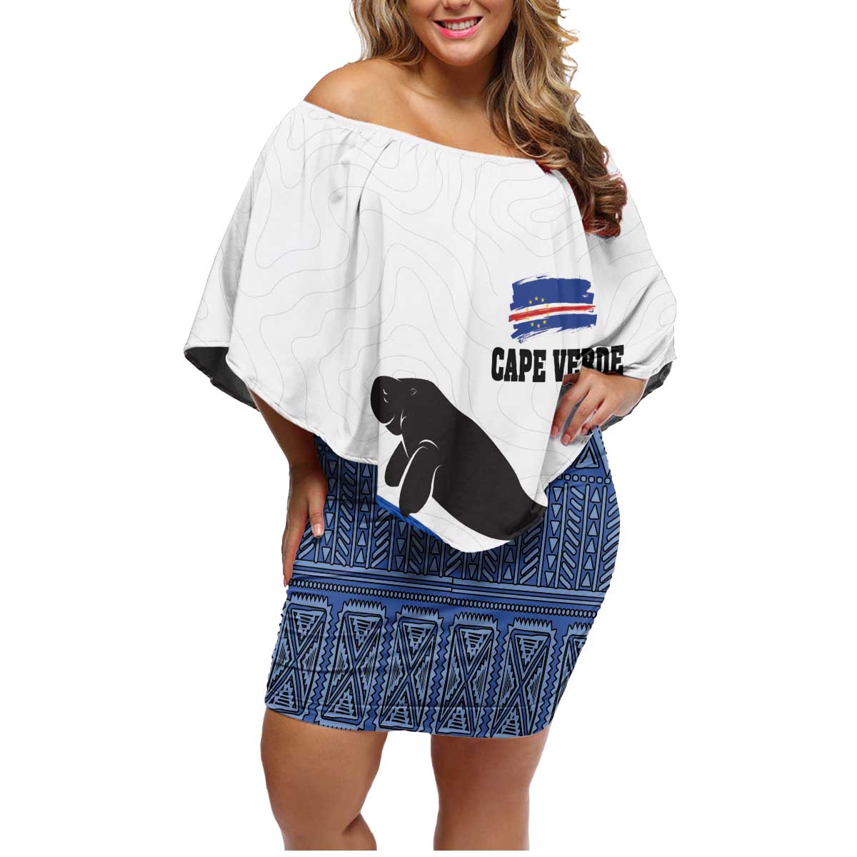 Cape Verde Manatee Family Matching Off Shoulder Short Dress and Hawaiian Shirt Pattern With Flag Color - Wonder Print Shop