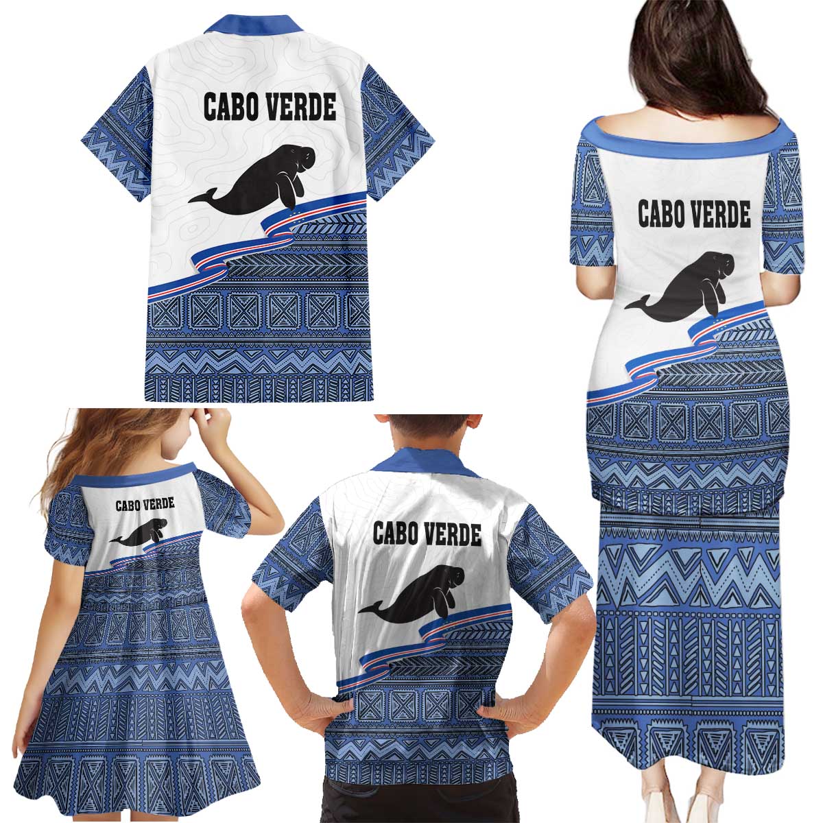 Cape Verde Manatee Family Matching Puletasi and Hawaiian Shirt Pattern With Flag Color - Wonder Print Shop
