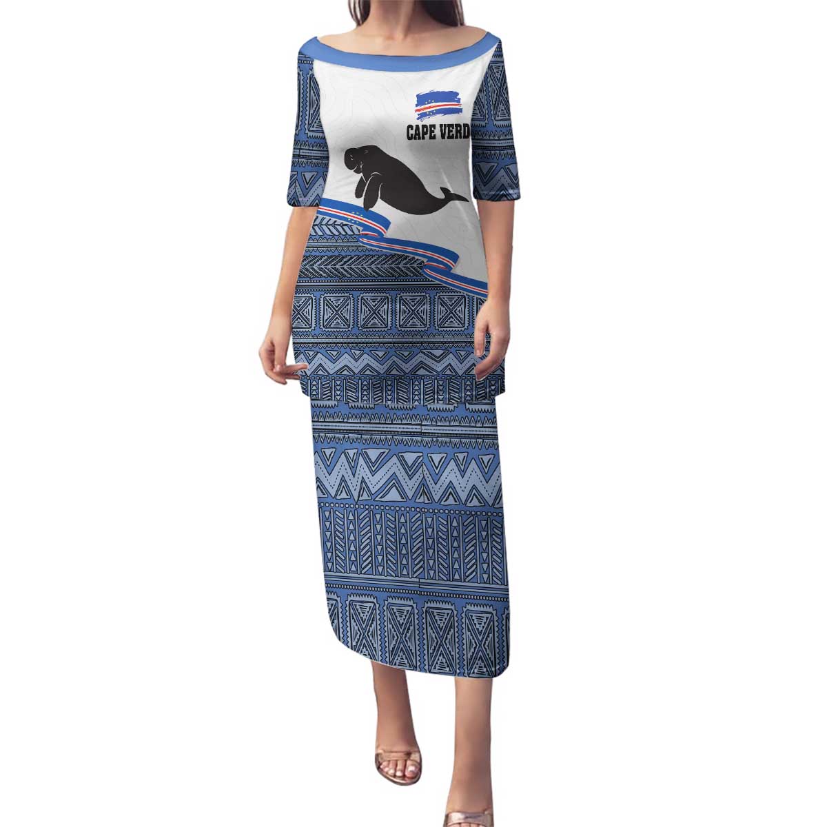 Cape Verde Manatee Family Matching Puletasi and Hawaiian Shirt Pattern With Flag Color - Wonder Print Shop