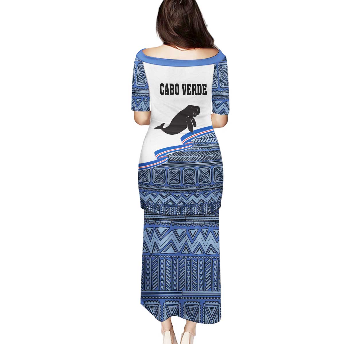 Cape Verde Manatee Family Matching Puletasi and Hawaiian Shirt Pattern With Flag Color - Wonder Print Shop