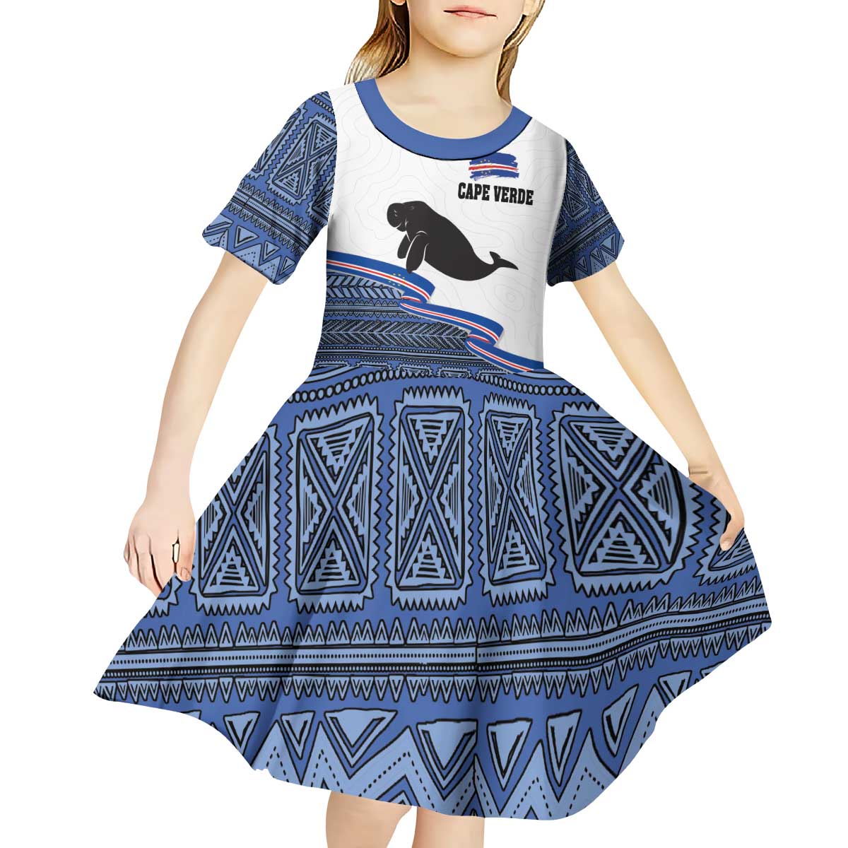 Cape Verde Manatee Kid Short Sleeve Dress Pattern With Flag Color - Wonder Print Shop