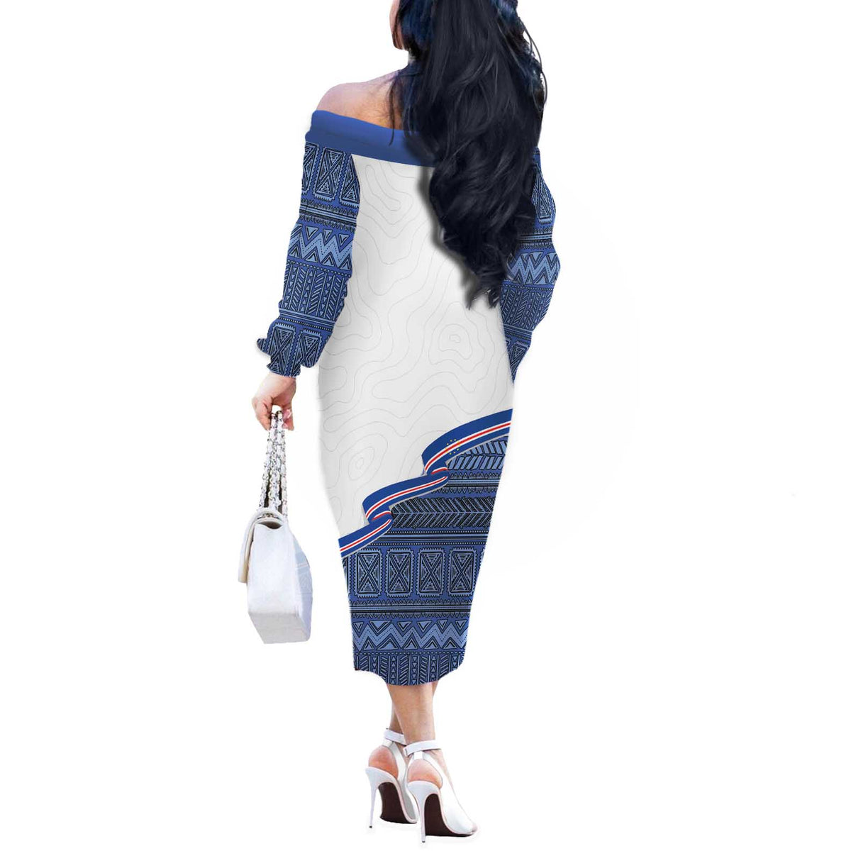 Cape Verde Manatee Off The Shoulder Long Sleeve Dress Pattern With Flag Color - Wonder Print Shop