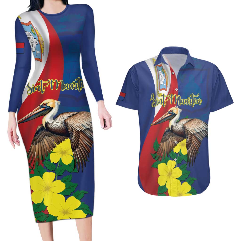 Personalized Sint Maarten Flag Day Couples Matching Long Sleeve Bodycon Dress and Hawaiian Shirt 40th Anniversary Semper Progrediens