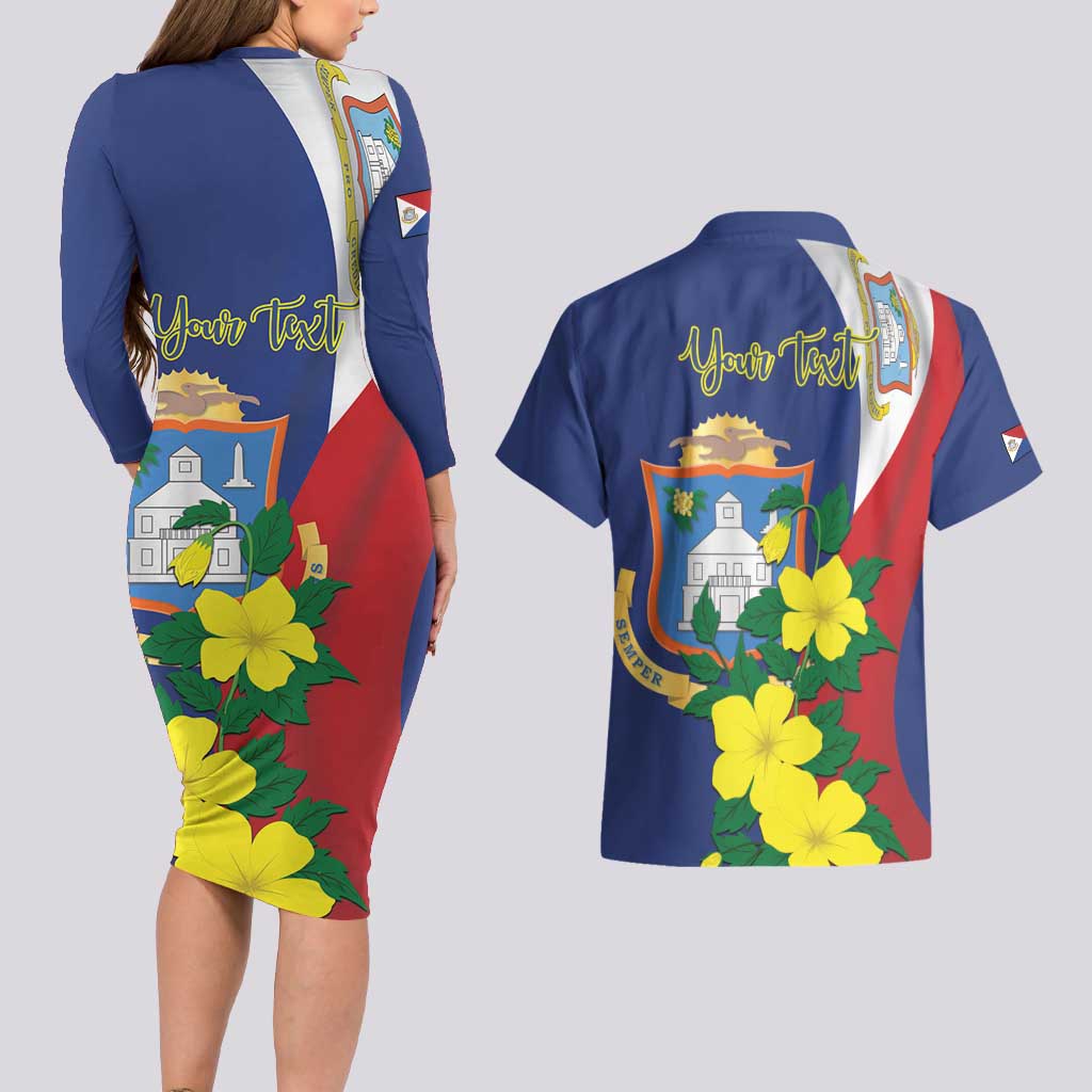 Personalized Sint Maarten Flag Day Couples Matching Long Sleeve Bodycon Dress and Hawaiian Shirt 40th Anniversary Semper Progrediens