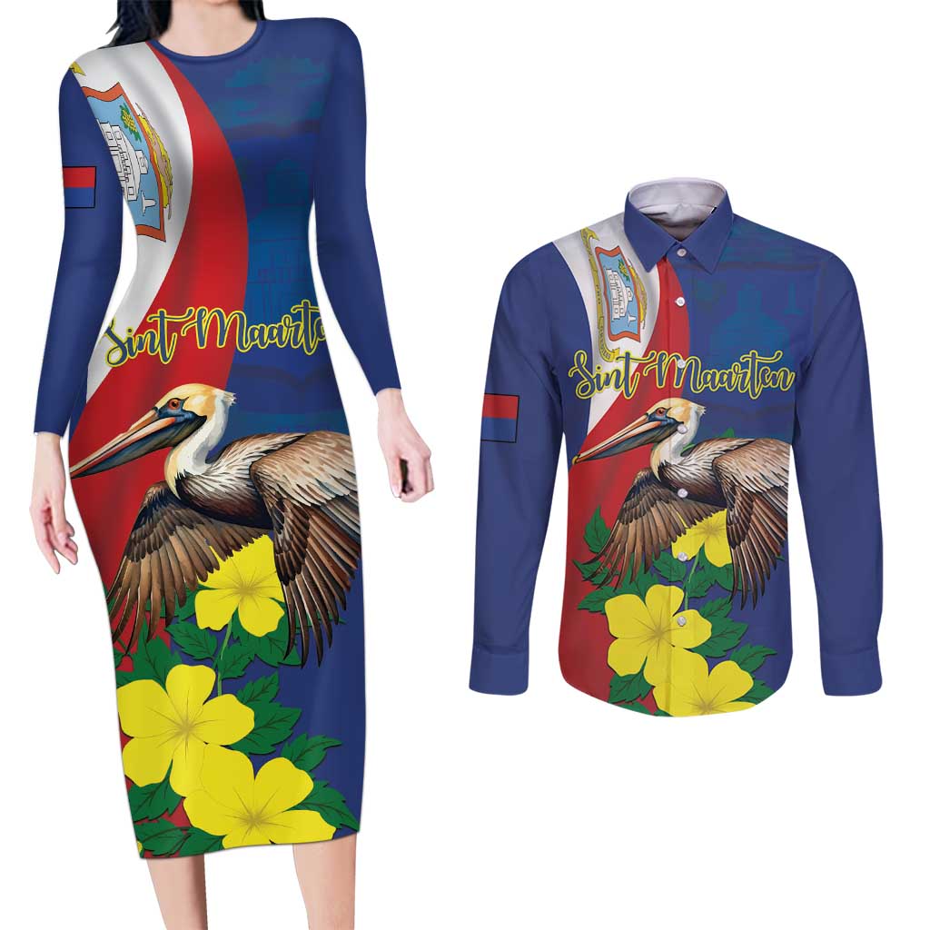 Personalized Sint Maarten Flag Day Couples Matching Long Sleeve Bodycon Dress and Long Sleeve Button Shirt 40th Anniversary Semper Progrediens
