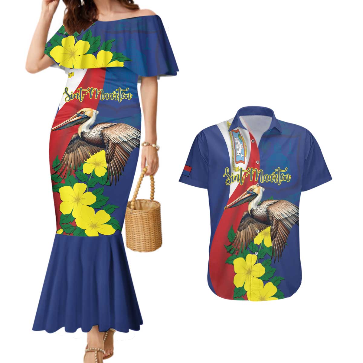 Personalized Sint Maarten Flag Day Couples Matching Mermaid Dress and Hawaiian Shirt 40th Anniversary Semper Progrediens