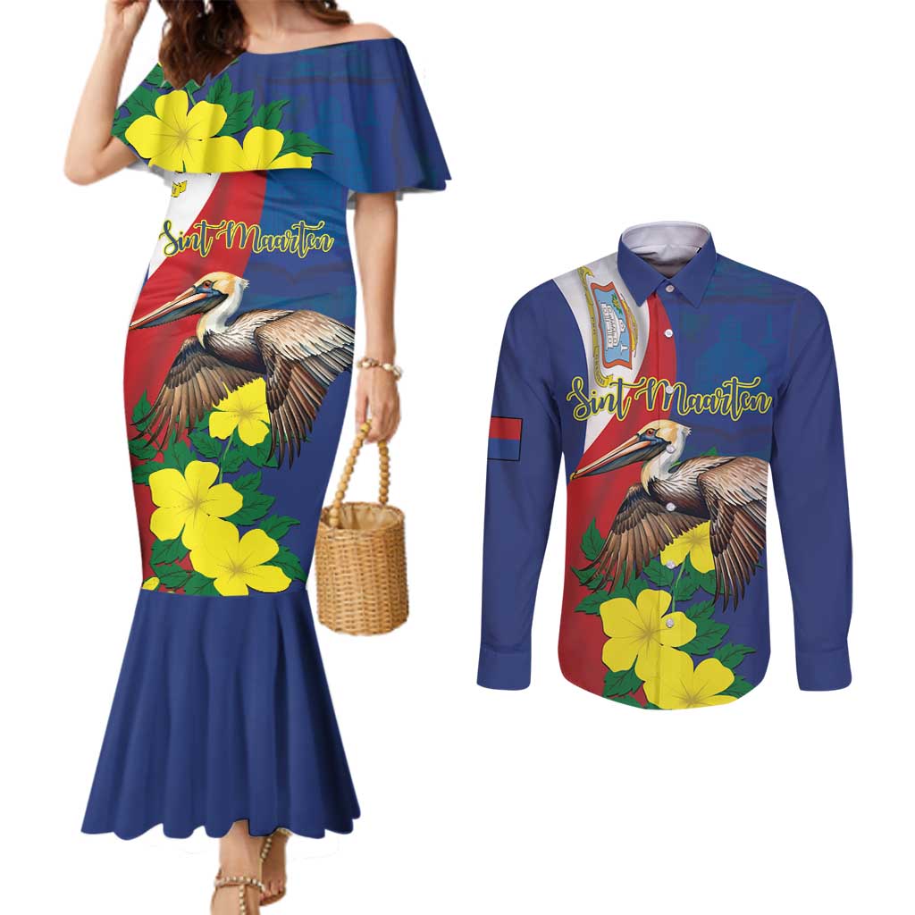 Personalized Sint Maarten Flag Day Couples Matching Mermaid Dress and Long Sleeve Button Shirt 40th Anniversary Semper Progrediens