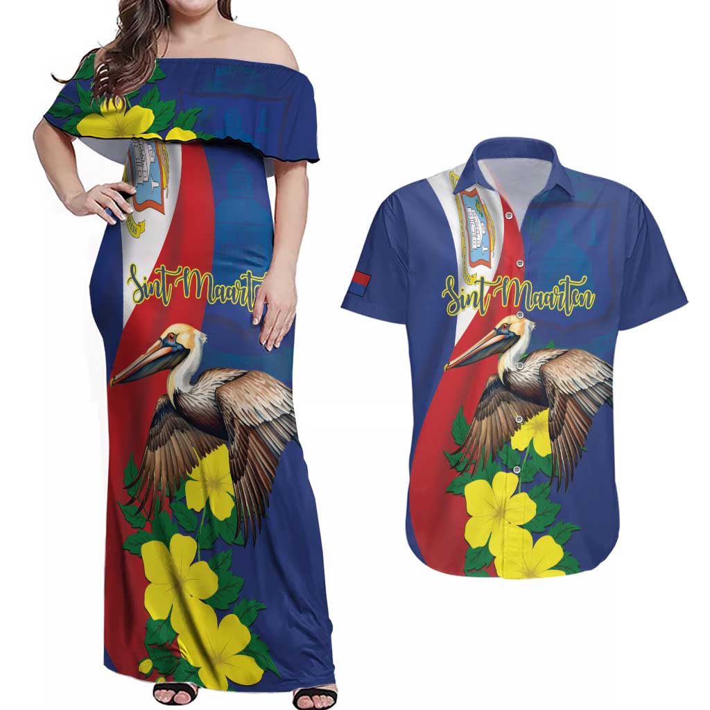 Personalized Sint Maarten Flag Day Couples Matching Off Shoulder Maxi Dress and Hawaiian Shirt 40th Anniversary Semper Progrediens
