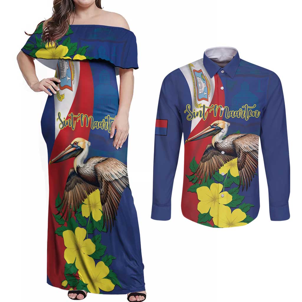 Personalized Sint Maarten Flag Day Couples Matching Off Shoulder Maxi Dress and Long Sleeve Button Shirt 40th Anniversary Semper Progrediens