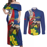 Personalized Sint Maarten Flag Day Couples Matching Off Shoulder Maxi Dress and Long Sleeve Button Shirt 40th Anniversary Semper Progrediens