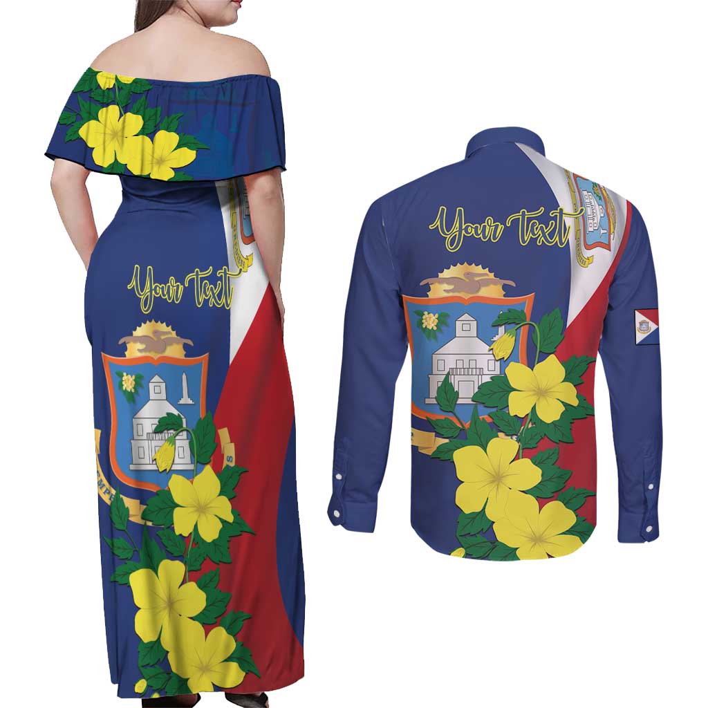 Personalized Sint Maarten Flag Day Couples Matching Off Shoulder Maxi Dress and Long Sleeve Button Shirt 40th Anniversary Semper Progrediens