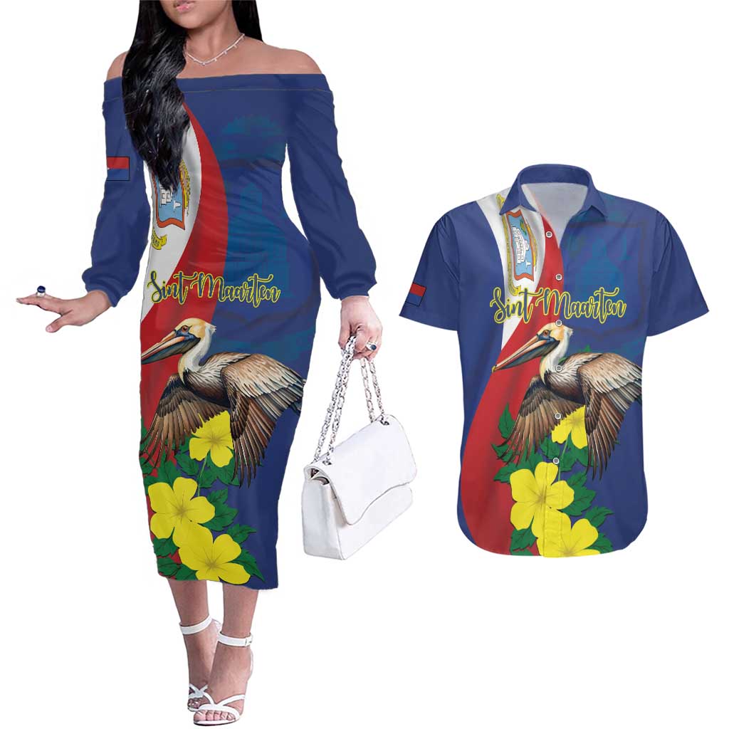 Personalized Sint Maarten Flag Day Couples Matching Off The Shoulder Long Sleeve Dress and Hawaiian Shirt 40th Anniversary Semper Progrediens