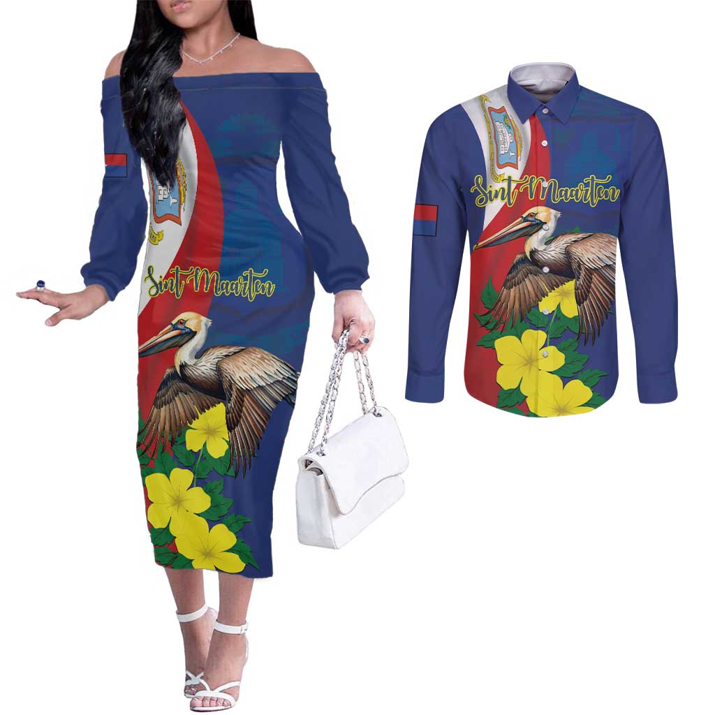Personalized Sint Maarten Flag Day Couples Matching Off The Shoulder Long Sleeve Dress and Long Sleeve Button Shirt 40th Anniversary Semper Progrediens