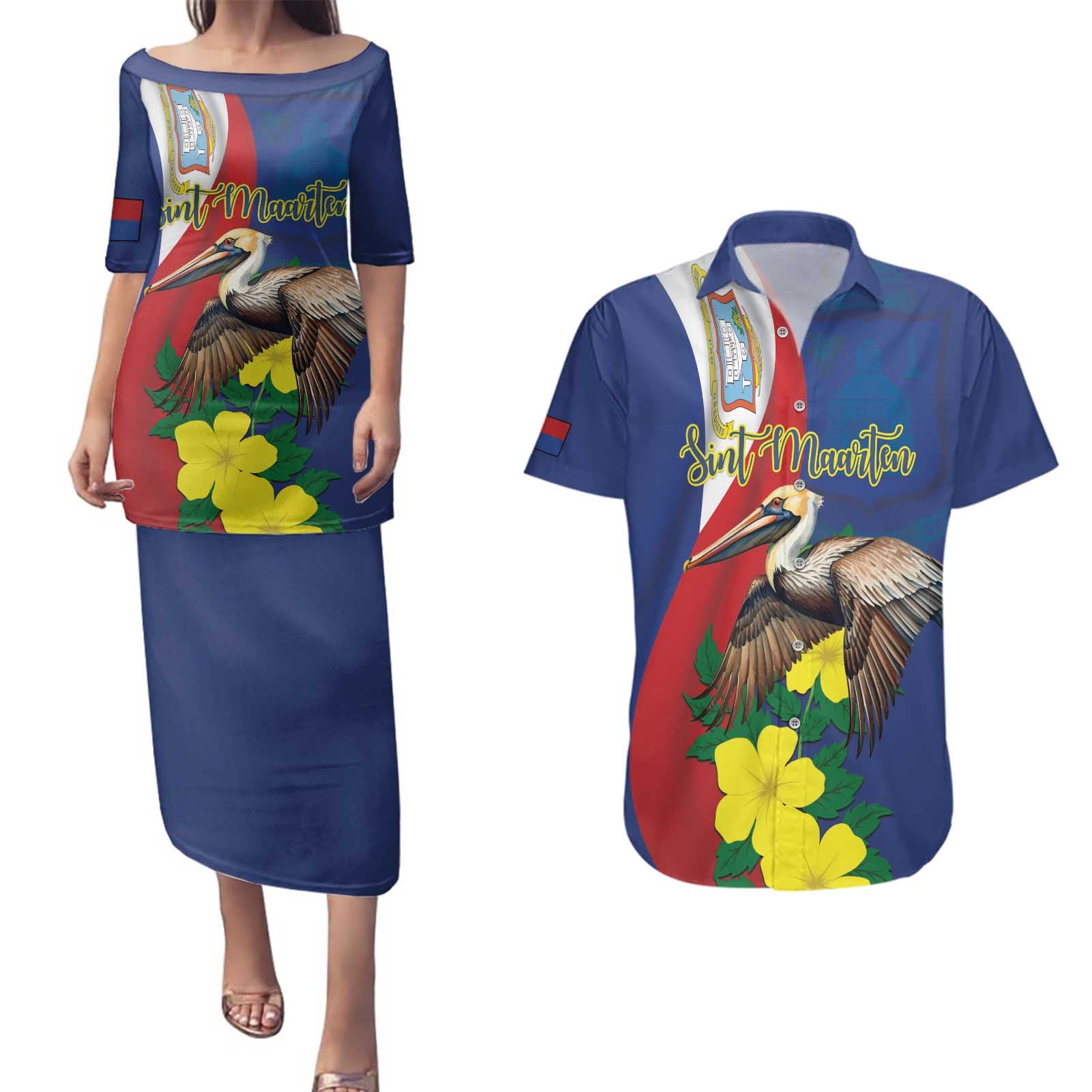 Personalized Sint Maarten Flag Day Couples Matching Puletasi and Hawaiian Shirt 40th Anniversary Semper Progrediens