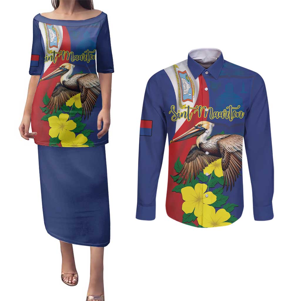 Personalized Sint Maarten Flag Day Couples Matching Puletasi and Long Sleeve Button Shirt 40th Anniversary Semper Progrediens