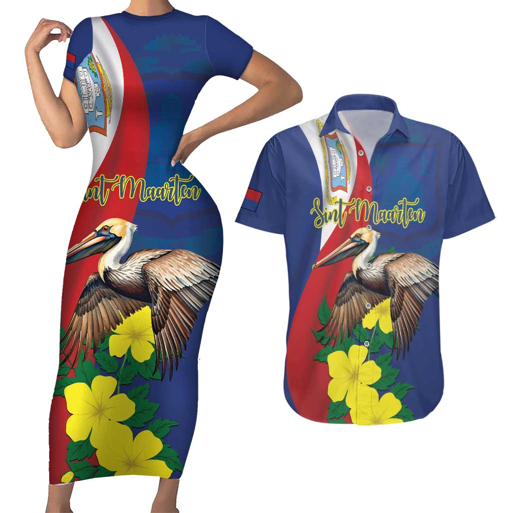 Personalized Sint Maarten Flag Day Couples Matching Short Sleeve Bodycon Dress and Hawaiian Shirt 40th Anniversary Semper Progrediens