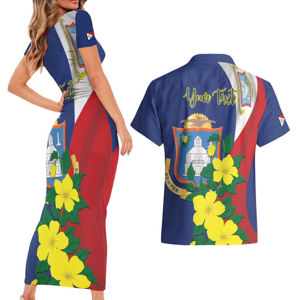 Personalized Sint Maarten Flag Day Couples Matching Short Sleeve Bodycon Dress and Hawaiian Shirt 40th Anniversary Semper Progrediens