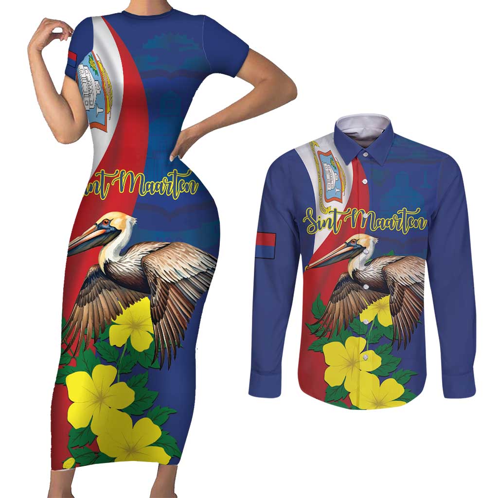 Personalized Sint Maarten Flag Day Couples Matching Short Sleeve Bodycon Dress and Long Sleeve Button Shirt 40th Anniversary Semper Progrediens