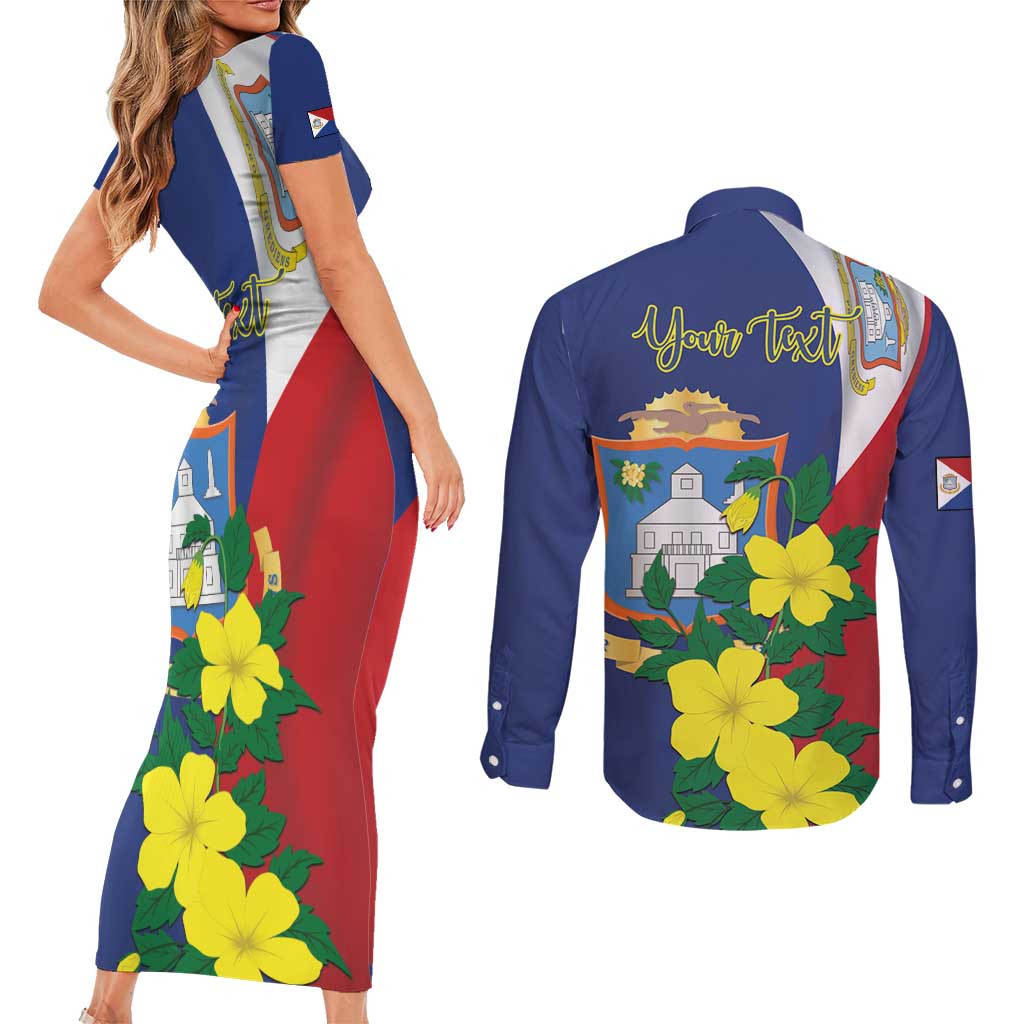 Personalized Sint Maarten Flag Day Couples Matching Short Sleeve Bodycon Dress and Long Sleeve Button Shirt 40th Anniversary Semper Progrediens