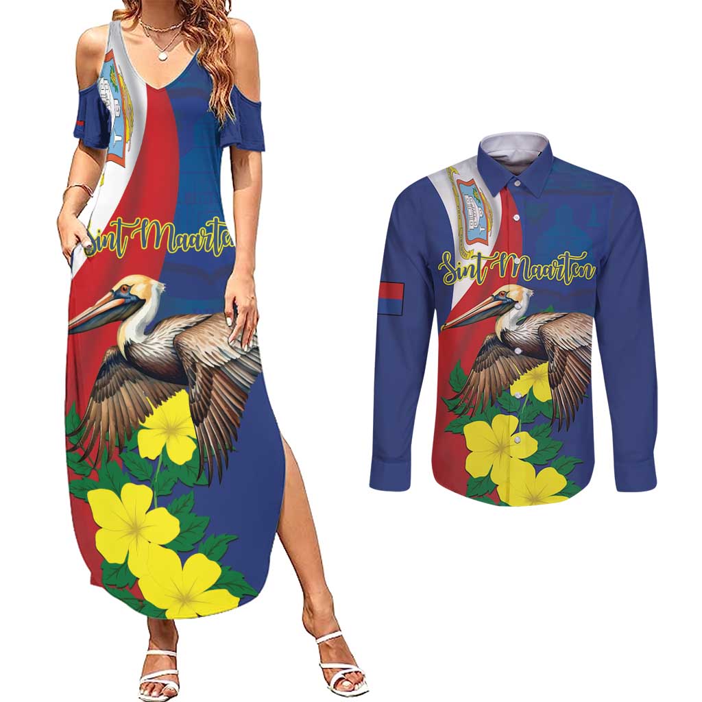 Personalized Sint Maarten Flag Day Couples Matching Summer Maxi Dress and Long Sleeve Button Shirt 40th Anniversary Semper Progrediens