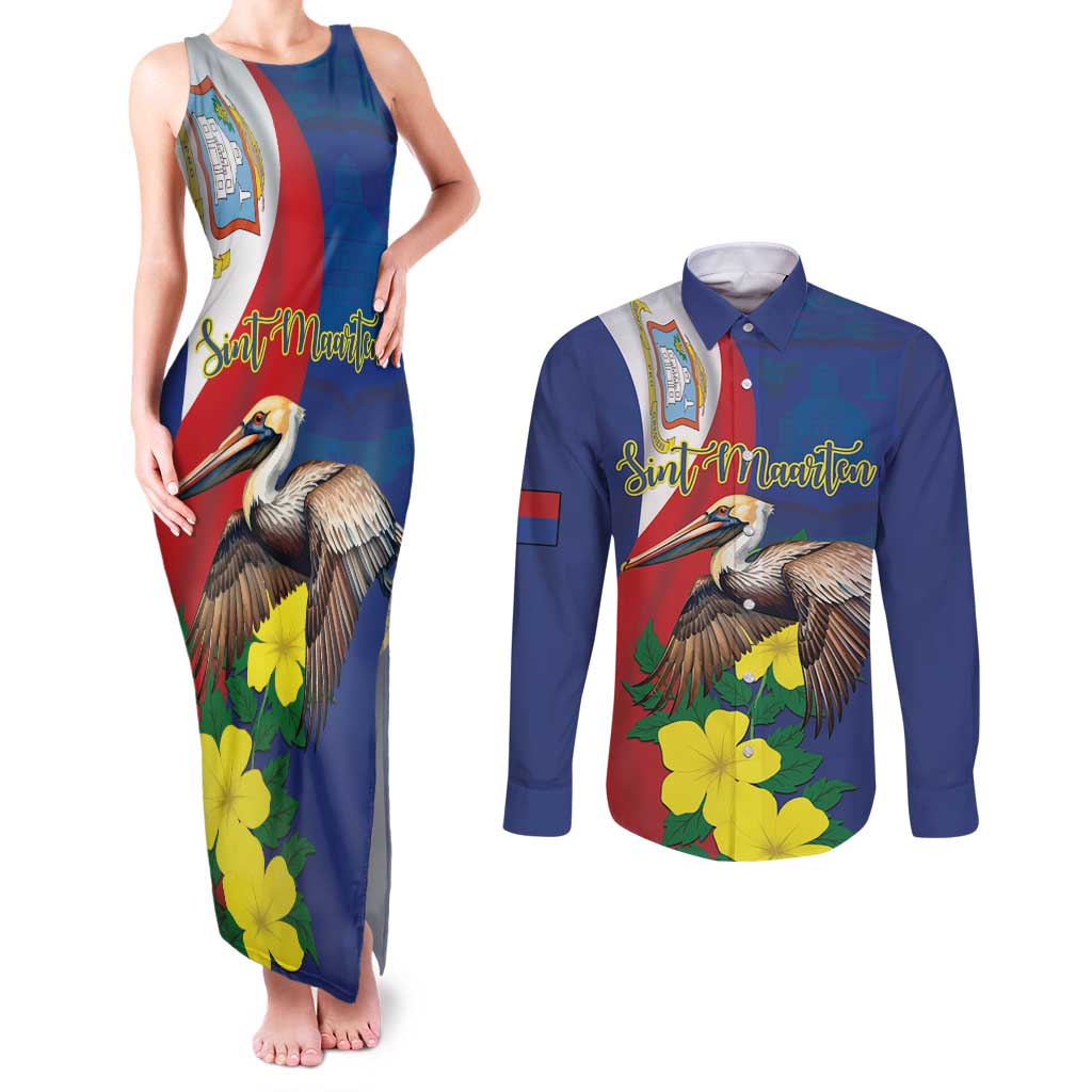 Personalized Sint Maarten Flag Day Couples Matching Tank Maxi Dress and Long Sleeve Button Shirt 40th Anniversary Semper Progrediens