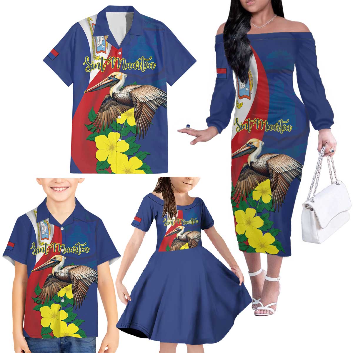 Personalized Sint Maarten Flag Day Family Matching Off The Shoulder Long Sleeve Dress and Hawaiian Shirt 40th Anniversary Semper Progrediens