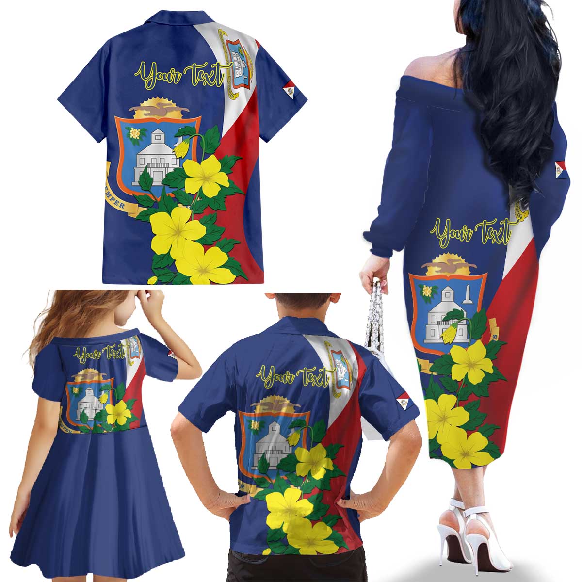 Personalized Sint Maarten Flag Day Family Matching Off The Shoulder Long Sleeve Dress and Hawaiian Shirt 40th Anniversary Semper Progrediens