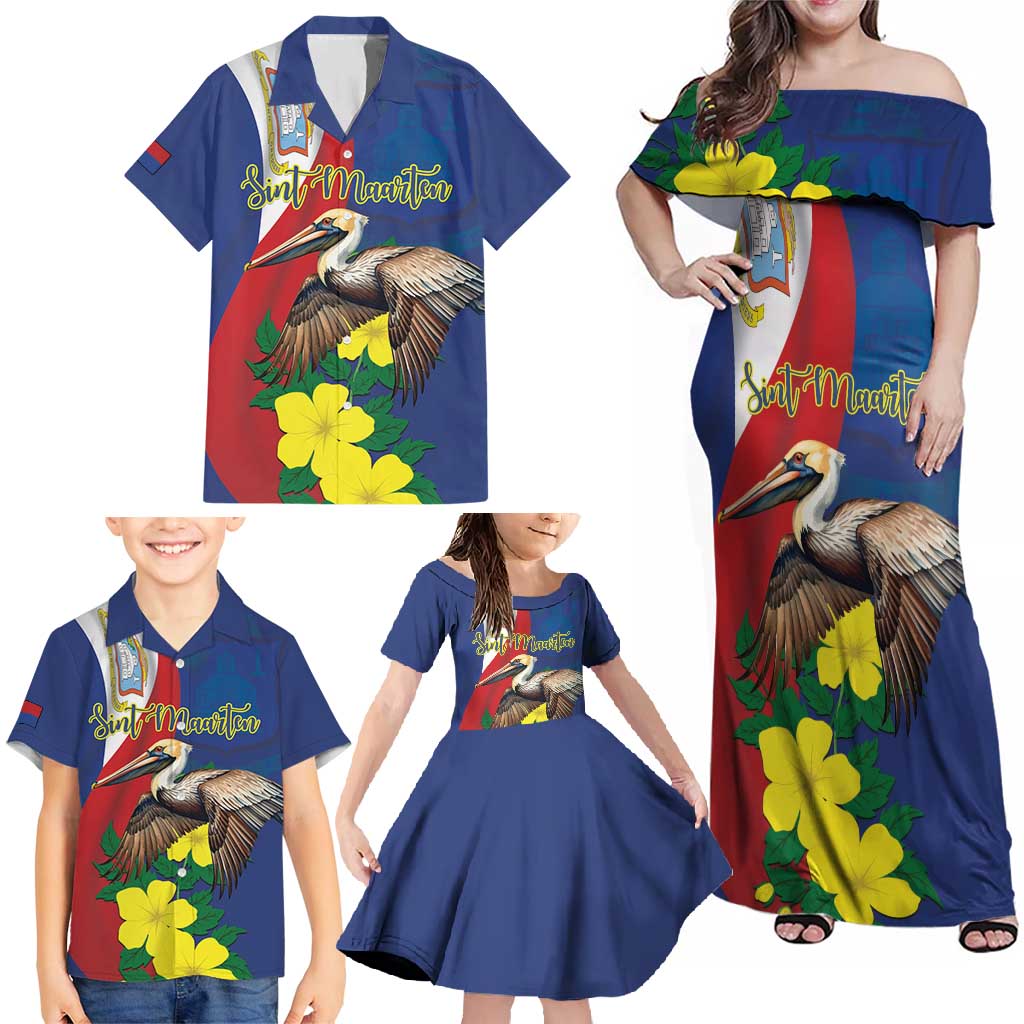 Personalized Sint Maarten Flag Day Family Matching Off Shoulder Maxi Dress and Hawaiian Shirt 40th Anniversary Semper Progrediens