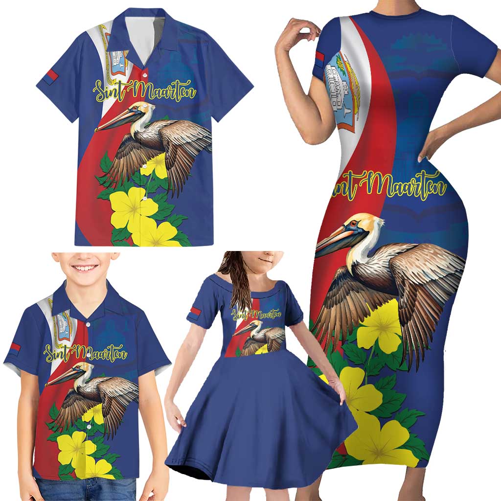 Personalized Sint Maarten Flag Day Family Matching Short Sleeve Bodycon Dress and Hawaiian Shirt 40th Anniversary Semper Progrediens