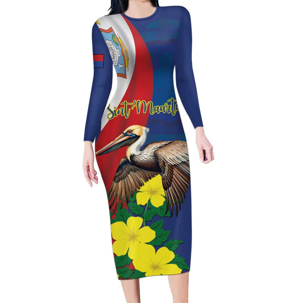 Personalized Sint Maarten Flag Day Long Sleeve Bodycon Dress 40th Anniversary Semper Progrediens