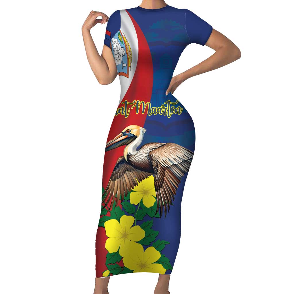 Personalized Sint Maarten Flag Day Short Sleeve Bodycon Dress 40th Anniversary Semper Progrediens